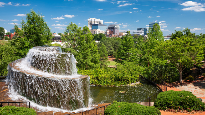 View of Finlay Park's spiral fountain in Columbia, South Carolina