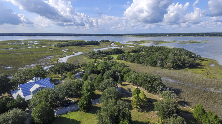 Aerial view of private house on Wadmalaw Island, South Carolina, USA