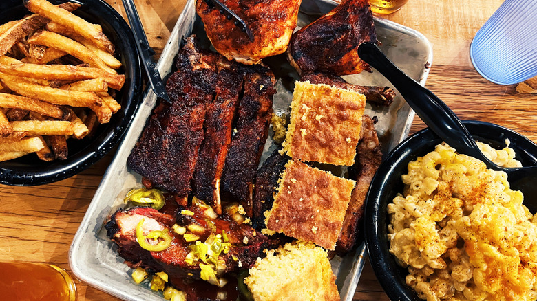 Platters of Southern food on a table