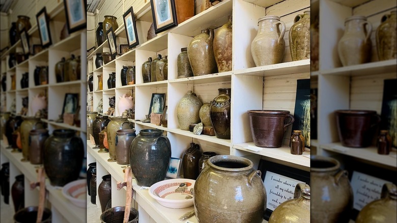 Shelves with pottery in Edgefield, SC