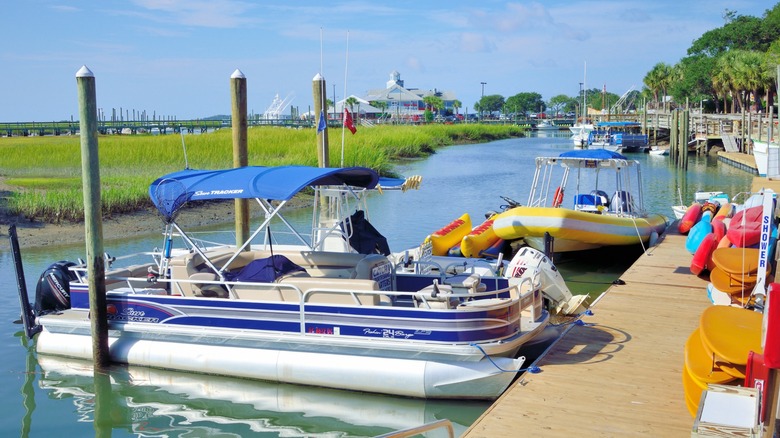 Boats docked on the marshy shore near the MarshWalk