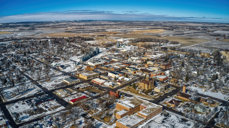 Aerial view of Sisseton, South Dakota in wintertime lightly dusted in snow
