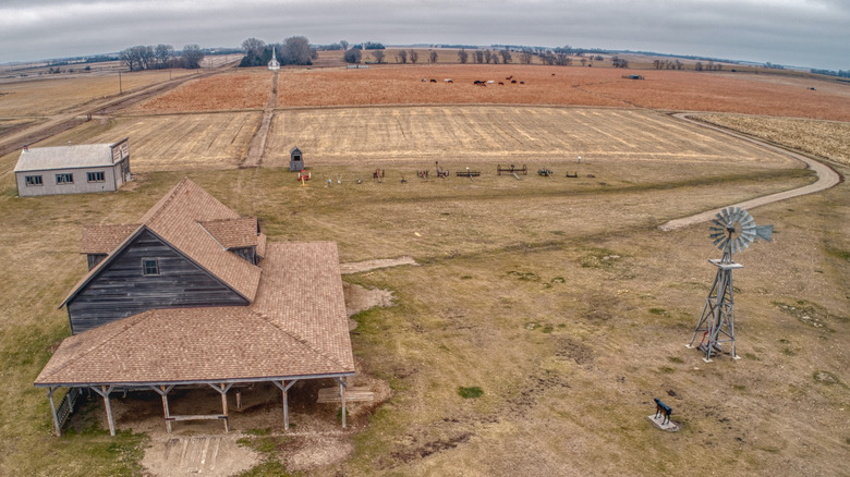 Aerial view of the De Smet homestead in winter