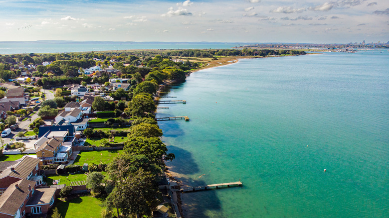 Charming houses with personal docks line the coast of Hayling Island