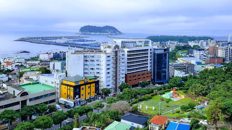 A view of downtown Seogwipo featuring a white hotel and a large park in the foreground with the ocean in the background.
