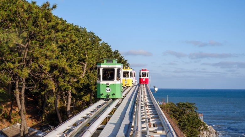 Riding the Sky Capsule monorail at Haeundae Beach in Busan, South Korea