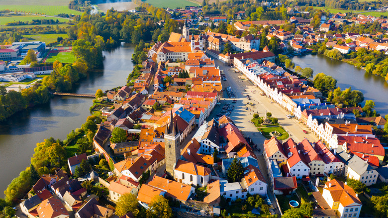 Aerial view of Telč in southern Czechia, surrounded by canals