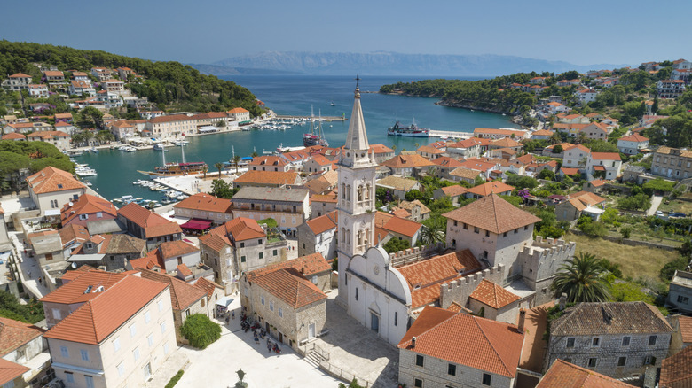 Aerial of croatian town Jesla. Located on the Island Hvar in Croatia.
