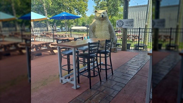 Patio and bear statue at Cross-Eyed Bear at Lake of Egypt