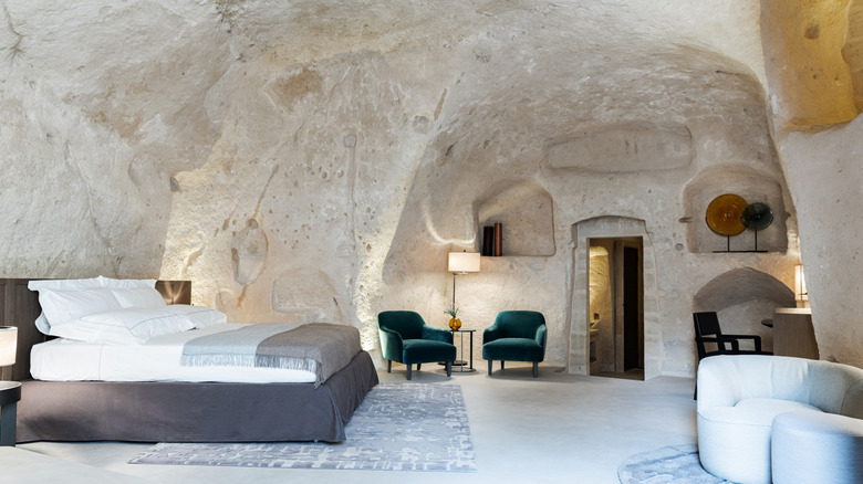 Interior of one of the suites at Vetera Matera, a five-star luxury hotel in Matera, Italy