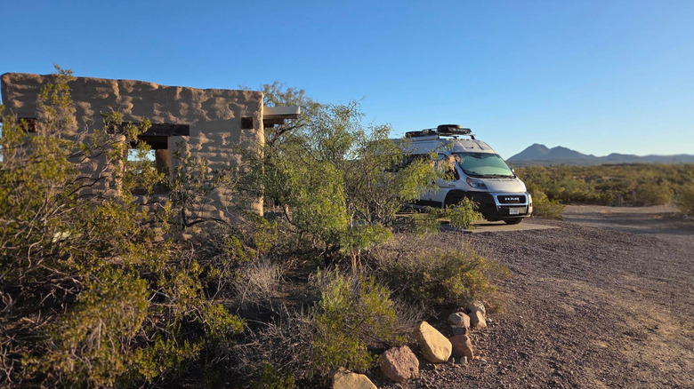 Camper van parked on a dirt road near some shrubs in Leasburg Dam State Park.