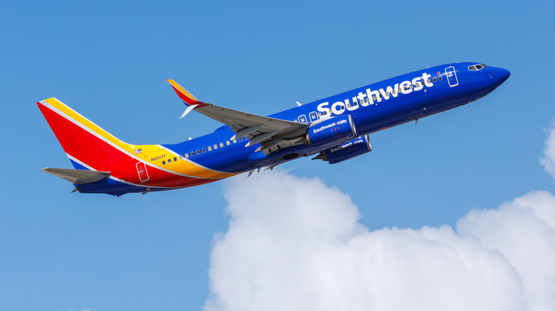 A Southwest Airlines plane in the air