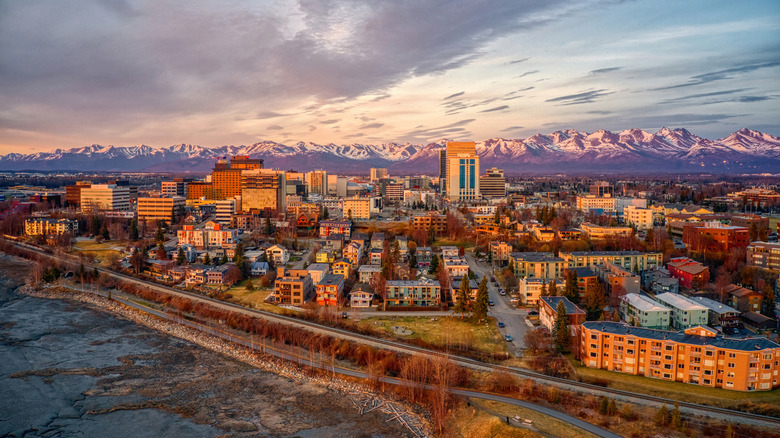 Sunset over downtown Anchorage, Alaska, in the spring