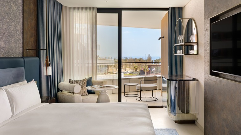 View of a bedroom and terrace at SLS Barcelona