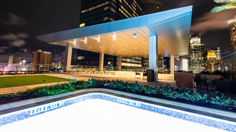 Part of the Marriott Marquis's Texas shaped lazy river and the skyline views of Houston, Texas