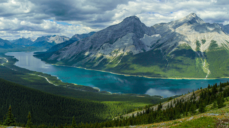 A view of Spray Lakes Reservoir from a surrounding ridge