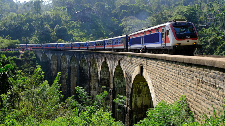 Train near Nuwara Eliya going over the famous 9 Arches bridge