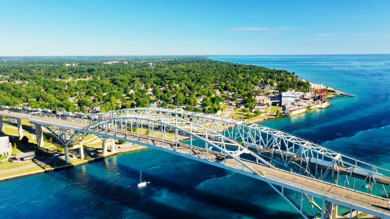 An aerial view of St. Clair River and the bridge that connects the U.S. to Canada near St. Clair County in Michigan