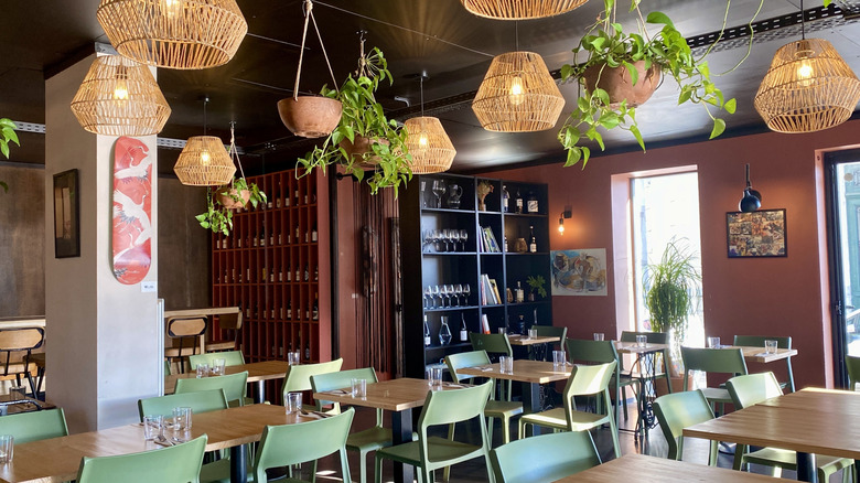 The dining room of a restaurant in St. Jean-de-Luz, France