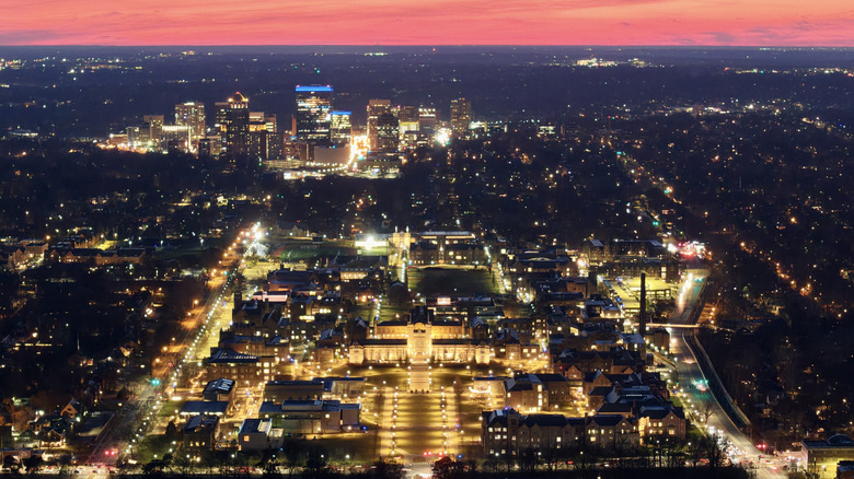 Aerial view of downtown Clayton at sunset