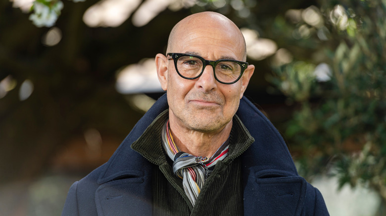 Stanley Tucci wears a scarf and pea coat
