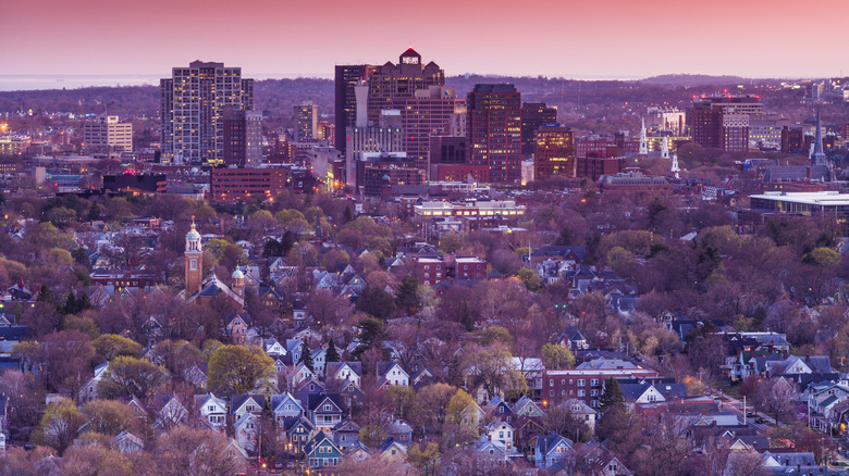A bird's eye view of New Haven at dusk, where the King's Highway once passed through