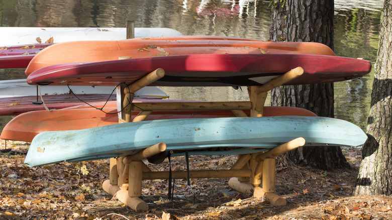 Kayaks ready to be used in Lake Gaston