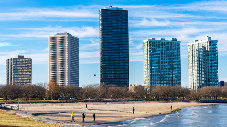 Sandy beach and lakefront with Edgewater tower blocks in the background