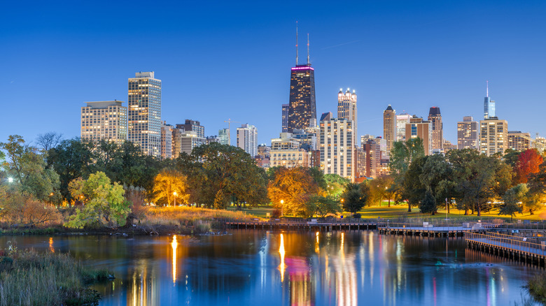 Chicago skyline with trees of Lincoln Park at dusk