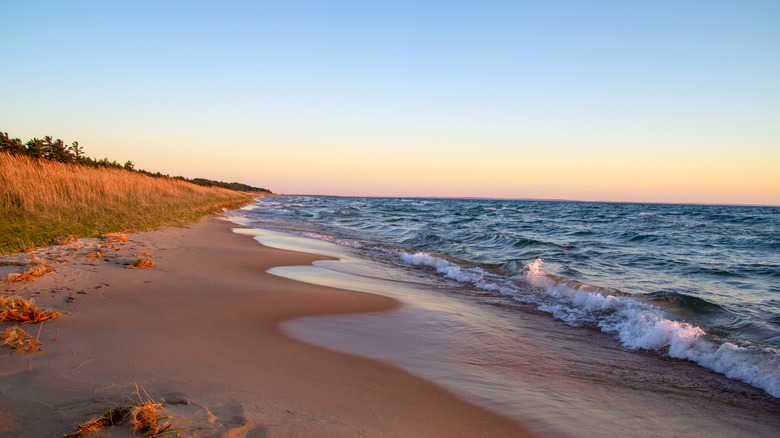 Sandy beach at sunset, Lake Michigan