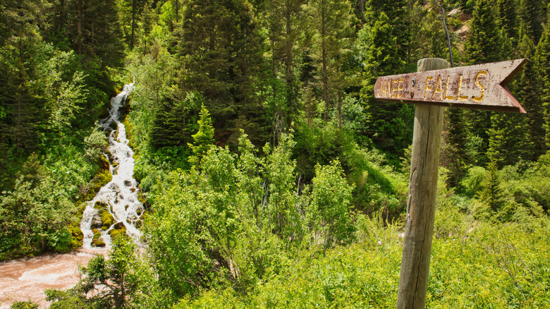 A signpost leads the way to a waterfall in Afton, Wyoming