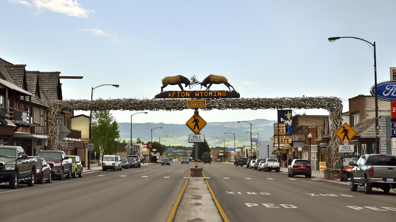 An arch made of elk horns straddles the main street in Afton, Wyoming