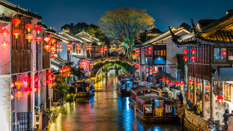 A lantern lit canal in Suzhou