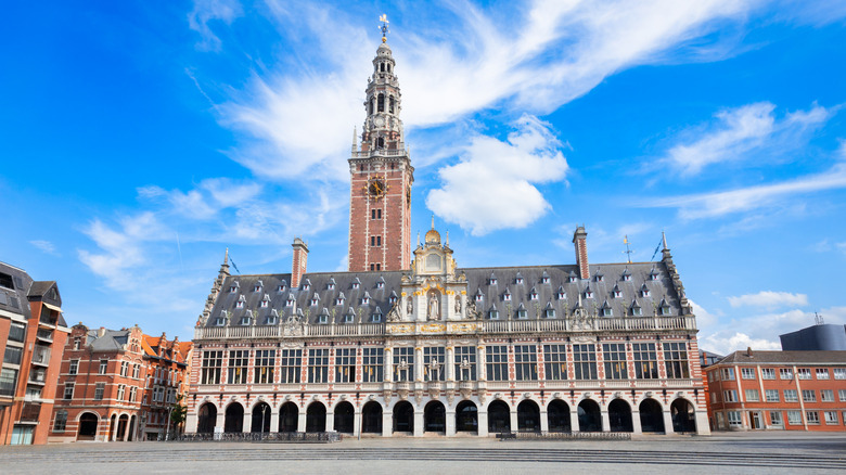 Leuven University Library's elaborate clock tower and colonnade in Belgium