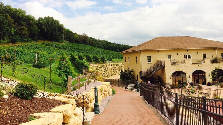 An Italian-style winery next to grape fields
