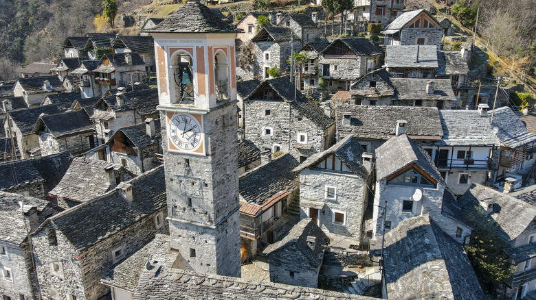 An overhead view of the buildings of Corippo, Switzerland