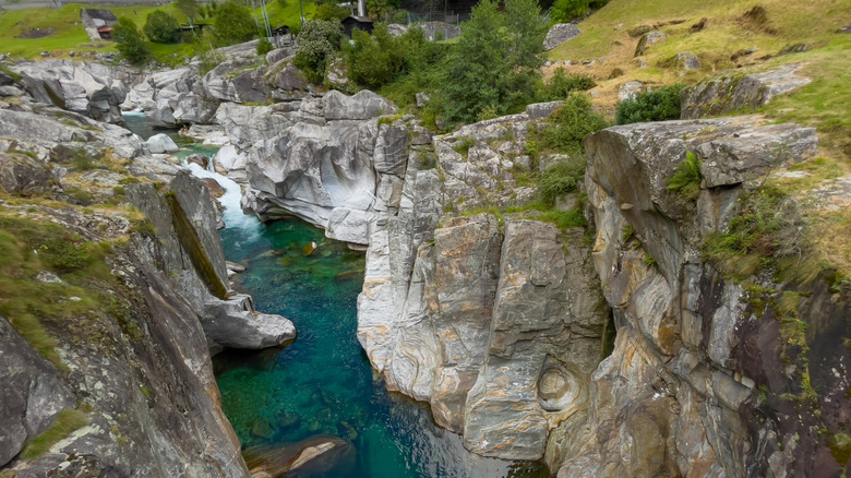 The Verzasca River running through a gorge near Corippo, Switzerland
