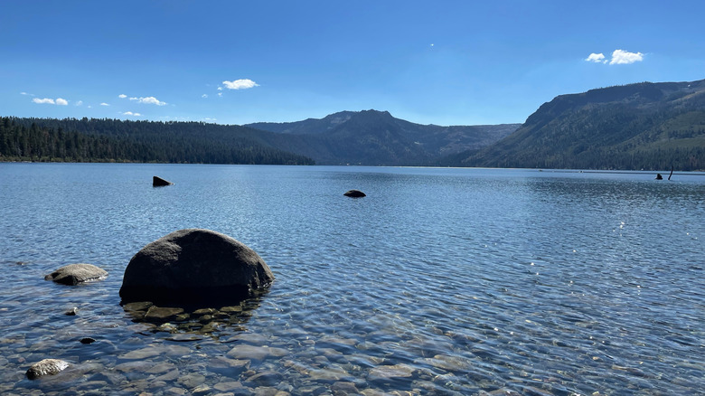 Mountains surround crystal-clear waters at Fallen Leaf lake, near Tahoe.