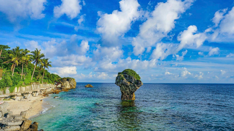 Vase Rock towers out of the blue water on Xiaoliuqiu, Taiwan, with a marbled cloudy sky and green palm trees and a beach