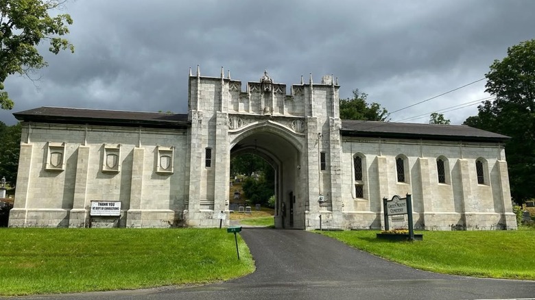 Stone entrance to the Green Mount Cemetery in Montpelier, Vermont