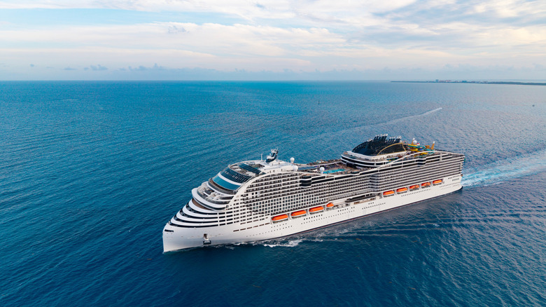 A large cruise ship sails across the ocean.