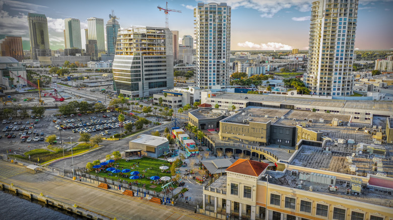 Aerial view of part of downtown Tampa's Channel District, including Sparkman Wharf and ongoing highrise construction