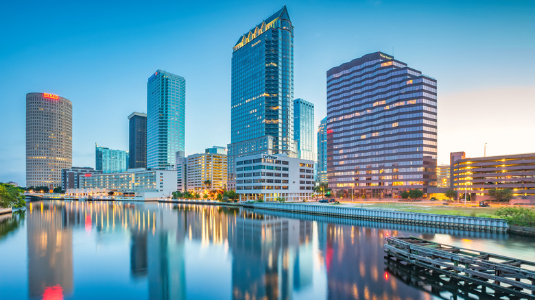 Tampa skyline at twilight with the Hillsborough River in the foreground