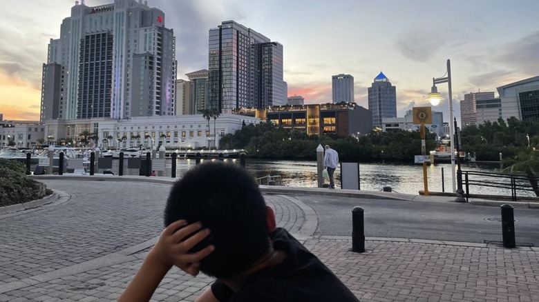 Silouette of the back of a young child with their elbow propping them up, looking at at the skyline and harbor view from Watervüe Grille in Tampa
