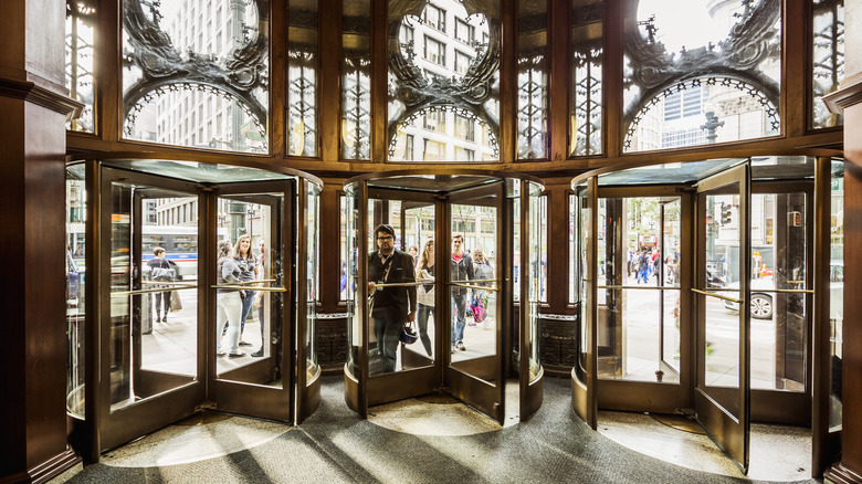 Looking out from inside Goth Target's ornate revolving doors