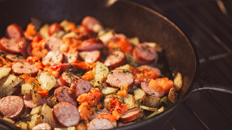 Sausage and potatoes in a pan