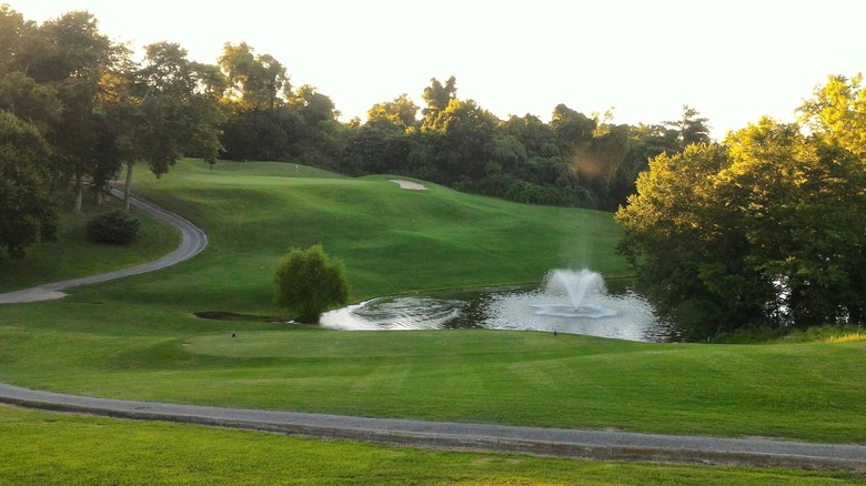 A water hazard below a sloping green at Two Rivers Golf Course, Nashville