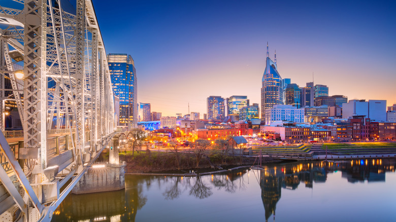 The downtown skyline at dusk in Nashville, Tennessee
