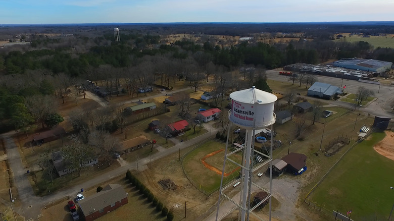 A water tower in Adamsville, Tennessee, as seen from above