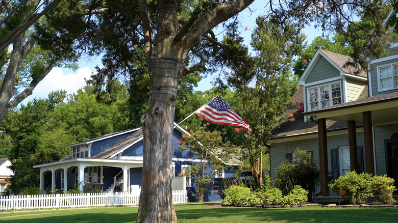 Cute residential street with American flag in Arlington